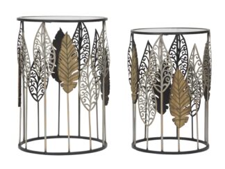 TAVOLINETTI IN FERRO E LEGNO FOGLIE COPPIA CM 38X55-33X50