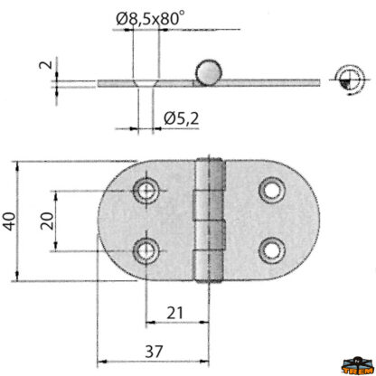 Ferramenta nautica  Cerniera inox 74x40 mm rovesciata