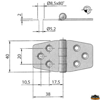 Ferramenta nautica  Cerniera inox 76x40 mm fulcro sopra