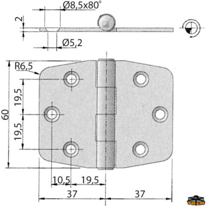 Ferramenta nautica  Cerniera inox 75x60 mm