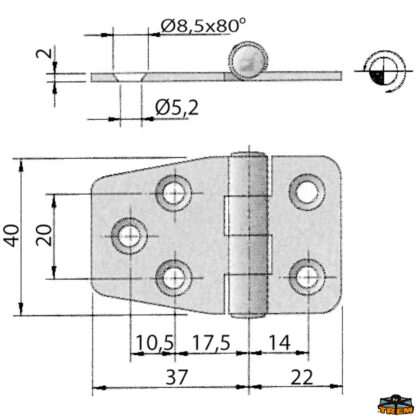 Ferramenta nautica  Cerniera inox 60x40 mm rovesciata