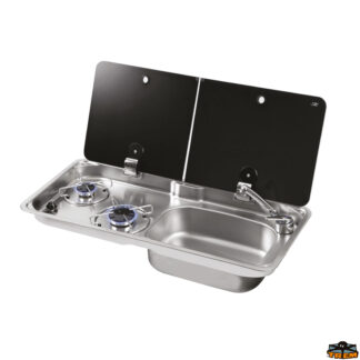 Cucina e stoviglie Piano cottura 2 fuochi con coperchio in vetro temperato fumé in due parti modello FL1765 completa di piletta e rubinetti