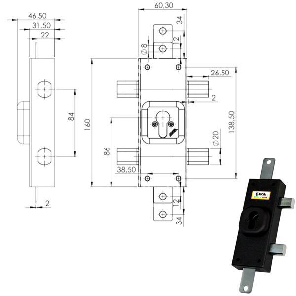 SERRATURA FERROGLIETTO TRIPLICE SX 253 MOIA 253SX MOIA SERR.LEGNO APPLICARE S MOIA SERRATURE