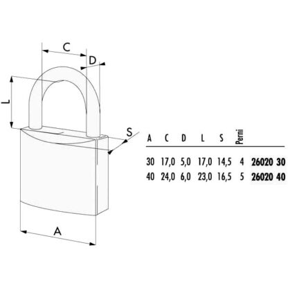 LUCCHETTO OTTONE mm 40 ARCO INOX        26020 CISA 26020.40.0 CISA LUCCHETTI               S CISA