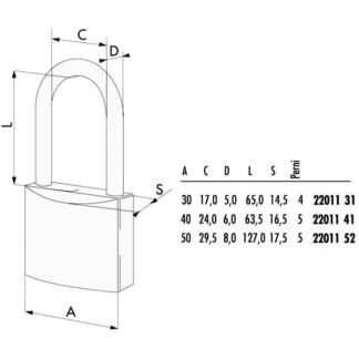 LUCCHETTO OTTONE mm 30 ARCO EXTRA LUNGO 22011 CISA 22011.31.0 CISA LUCCHETTI               S CISA