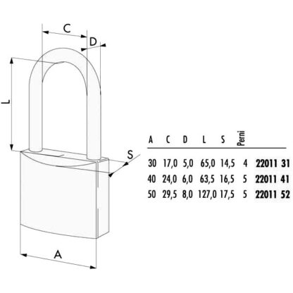LUCCHETTO OTTONE mm 50 ARCO EXTRA LUNGO 22011 CISA 22011.52.0 CISA LUCCHETTI               S CISA
