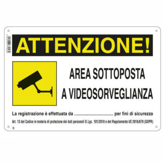 CARTELLO AREA VIDEOSORVEGLIATA    30x 20 ALLUMINIO CIV.A01.087 SEGNALETICA                  F MACHIERALDO