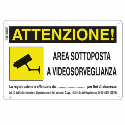 CARTELLO AREA VIDEOSORVEGLIATA    30x 20 ALLUMINIO CIV.A01.087 SEGNALETICA                  F MACHIERALDO
