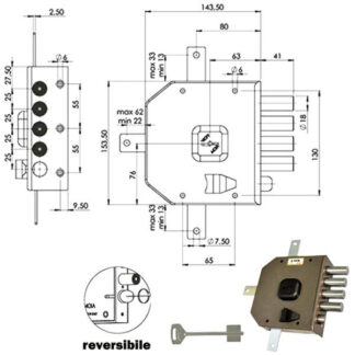 SERRATURA SIC.QUINTUPL.DX DM G416 MOIA G416DX MOIA SERR.LEGNO APPLICARE S MOIA SERRATURE