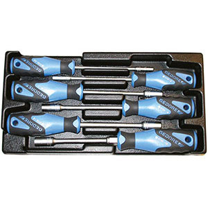 MODULI CON UTENSILI PER CARRELLI A TORRE Larghezza per profondità modulo mm 157,5x310.<br>Contenuto 6 pezzi escluso modulo:<br>1 pz. cadauno Art. 899 GL da mm 5,5-6-7-8-9-10. moduls with tools for tower-trolleys 1000G 10