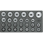 MODULI CON UTENSILI PER CARRELLI A TORRE Larghezza per profondità modulo mm 157,5x310.<br>Contenuto 26 pezzi escluso modulo:<br>1 pz. cadauno Art. 969 RA da mm 10-11-12-13-14-15-16-17-18-19-21-22-23-24-26-27-28-30-32<br>1 pz. cadauno Art. 969 RV da mm 6-7-8-9-10-12-14 moduls with tools for tower-trolleys 1000G 15