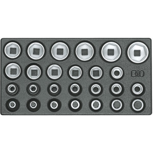 MODULI CON UTENSILI PER CARRELLI A TORRE Larghezza per profondità modulo mm 157,5x310.<br>Contenuto 26 pezzi escluso modulo:<br>1 pz. cadauno Art. 969 RA da mm 10-11-12-13-14-15-16-17-18-19-21-22-23-24-26-27-28-30-32<br>1 pz. cadauno Art. 969 RV da mm 6-7-8-9-10-12-14 moduls with tools for tower-trolleys 1000G 15