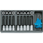 MODULI CON UTENSILI PER CARRELLI A TORRE Larghezza per profondità modulo mm 157,5x310.<br>Contenuto 19 pezzi escluso modulo:<br>1 pz. cadauno Art. 969 RS da mm 20-25-27-30-40-45-50-55-60<br>1 pz. cadauno Art. 969 RT da mm 20-25-27-30-40-45-50-55-60<br>1 pz. Art. 2030 G. moduls with tools for tower-trolleys 1000G 20