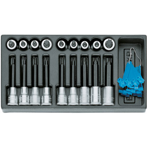 MODULI CON UTENSILI PER CARRELLI A TORRE Larghezza per profondità modulo mm 157,5x310.<br>Contenuto 19 pezzi escluso modulo:<br>1 pz. cadauno Art. 969 RS da mm 20-25-27-30-40-45-50-55-60<br>1 pz. cadauno Art. 969 RT da mm 20-25-27-30-40-45-50-55-60<br>1 pz. Art. 2030 G. moduls with tools for tower-trolleys 1000G 20