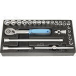 MODULI CON UTENSILI PER CARRELLI A TORRE Larghezza per profondità modulo mm 157,5x310.<br>Contenuto 24 pezzi escluso modulo:<br>1 pz. cadauno Art. 952 RA da mm 6-7-8-9-10-11-12-13-14-15-16-17-18-19<br>1 pz. cadauno Art. 952 RT da mm 4-5-6-8-10<br>1 pz. Art. 953 E<br>1 pz. Art. 953 F<br>1 pz. Art. 953 H<br>1 pz. Art. 953 I<br>1 pz. Art. 953 T. moduls with tools for tower-trolleys 1000G 24