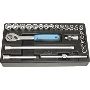 MODULI CON UTENSILI PER CARRELLI A TORRE Larghezza per profondità modulo mm 157,5x310.<br>Contenuto 24 pezzi escluso modulo:<br>1 pz. cadauno Art. 952 RA da mm 6-7-8-9-10-11-12-13-14-15-16-17-18-19<br>1 pz. cadauno Art. 952 RT da mm 4-5-6-8-10<br>1 pz. Art. 953 E<br>1 pz. Art. 953 F<br>1 pz. Art. 953 H<br>1 pz. Art. 953 I<br>1 pz. Art. 953 T. moduls with tools for tower-trolleys 1000G 24