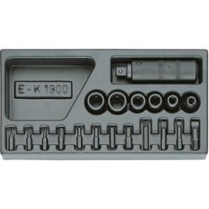 MODULI CON UTENSILI PER CARRELLI A TORRE Larghezza per profondità modulo mm 157,5x310.<br>Contenuto 19 pezzi escluso modulo:<br>1 pz. cadauno Art. 982 GA da mm 10-13-14-17-19<br>1 pz. cadauno Art. 983 GB da mm 7-8-9-12<br>1 pz. cadauno Art. 983 GD Gr 1-2-3-4<br>1 pz. cadauno Art. 983 GM da mm 5-6-8-10<br>1 pz. Art. 984 GF-5<br>1 pz. Art. 1986 GP. moduls with tools for tower-trolleys 1000G 26