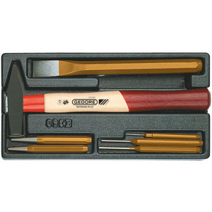 MODULI CON UTENSILI PER CARRELLI A TORRE Larghezza per profondità modulo mm 157,5x310.<br>Contenuto 8 pezzi escluso modulo:<br>1 pz. cadauno cacciaspine da mm 1,5-3-4<br>1 pz. punteruolo mm 120X5<br>1 pz. punzone mm 120x5<br>1 pz. scalpello ottagonale mm 250<br>1 pz. martello con collarino g 300<br>1 pz. unghietta ottagonale mm 125x5. moduls with tools for tower-trolleys 1000G 27