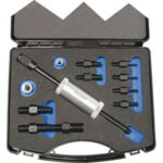ESTRATTORI PER SPINE IN ASSORTIMENTO Completi di 9 inserti filettati nelle filettature M 4,5,6,8,10,12,14,16,18. Adattatore MF14x1,5 (per inserti M14/16/18).<br>Peso massa battente 0,7 Kg. <br>In robusta valigetta plastica. set of slide hammer for extracting dowel pins 1415RA