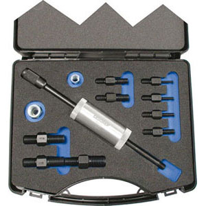 ESTRATTORI PER SPINE IN ASSORTIMENTO Completi di 9 inserti filettati nelle filettature M 4,5,6,8,10,12,14,16,18. Adattatore MF14x1,5 (per inserti M14/16/18).<br>Peso massa battente 0,7 Kg. <br>In robusta valigetta plastica. set of slide hammer for extracting dowel pins 1415RA