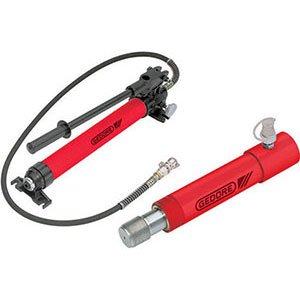 ESTRATTORI IDRAULICI Pompa manuale a leva, fornita di tubo flessibile ad alta pressione, da m 1,5.<br>Cilindro idraulico a spinta, pressione max 10 t, Ø filetto corpo MF 55x2, Ø filetto pistone di spinta G 1.1/4. hydraulic pullers 1446GA