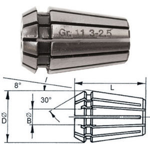 PINZE ELASTICHE DI ALTA PRECISIONE A GRANDE ESCURSIONE TIPO ER/ESX A NORMA DIN 6499-B/ISO 15488 Gr. 11.<br>Con capacità elastica di serraggio di mm 0,5. Dimensioni (mm) D = 11,5 L = 18. collets for chucks 1561GB