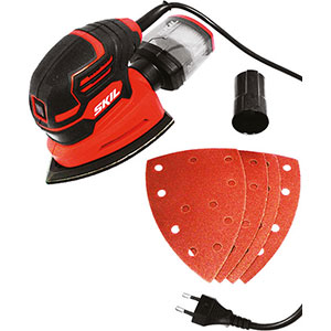 ELETTRO-LEVIGATRICI ORBITALI Base di levigatura a punta per grandi superfici e ANGOLI. Impugnatura ergonomica per un semplice utilizzo con una sola mano.<br>Adattatore per impiego con aspiratore. Con 4 fogli abrasivi. electric orbital sanders 1702F