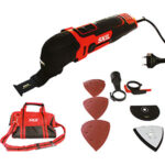 ELETTRO-UTENSILE MULTIFUNZIONE Corredati di piastra base di levigatura, fogli abrasivi (3xgr60, 3xgr120 e 3xgr180), lama in HSS dentata e lama per il taglio a tuffo. electric multitools 1702P