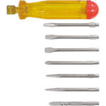 GIRAVITI COMBINATI Composizione:<br>1 impugnatura con morsetto, lunghezza mm 115<br>3 lame diritte, larghezza tagliente mm 3 - 4,5 - 6<br>1 lama a croce PH 1<br>1 trivellino<br>2 punteruoli magazine screwdrivers 1909GE