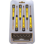 GIRAVITI PER ELETTRONICA LINEA ESD DISSIPATIVA Assortimenti di 6 pz.<br>Composizione:<br>1 pz. x tipo Art. 1916 GC x 5 - 6 - 7 - 8 - 10 - 15<br>Su supporto in plastica. ESD screwdrivers dissipative line 1916GT