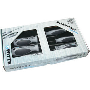 GIRAVITI INOX LINEA MAXXPRO IN ASSORTIMENTO Composizione di 5 pezzi:<br>1 Giravite punta piana Art. 1932 GZAx75<br>1 Giravite punta piana Art. 1932 GZAx100 <br>1 Giravite punta piana Art. 1932 GZAx125<br>1 Giravite punta a croce PH Art. 1932 GZBx1<br>1 Giravite punta a croce PH Art. 1932 GZBx2<br>In scatola di cartone.<br>L'assortimento inox screwdrivers' line "MAXXPRO" sets 1949GA