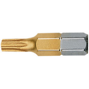 BITS CON ATTACCO ESAGONALE 1/4" DIN 3126 C 6,3 PER AVVITATORI E TRAPANI Tipo ad impronta TORX con foro e rivestimento TIN giallo per la massima durata. Lunghezza totale mm 25. blades for electric drills 1991GNA