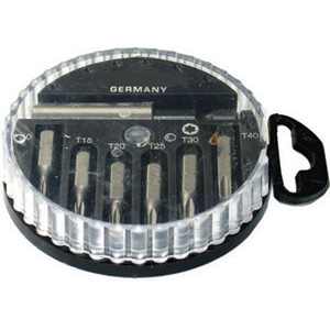 BITS ATTACCO 1/4" DIN 3126 C 6,3 IN ASSORTIMENTO Composizione di 7 pezzi:<br>6 bits TORX Art. 1991 GL 10-15-20-25-30-40<br>1 attacco magnetico universale Art. 1995 GA. screwdriver bits sets 2008GE