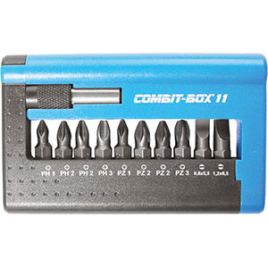 BITS ATTACCO 1/4" DIN 3126 C 6,3 IN COMBIT-BOX IN ASSORTIMENTO Composizione di 11 pezzi:<br>1 bit a croce Phillips Art. 1991 GBx1<br>2 bits a croce Phillips Art. 1991 GBx2<br>1 bits a croce Phillips Art. 1991 GBx3<br>1 bits a croce Pozidriv Art. 1991 GCx1<br>2 bits a croce Pozidriv Art. 1991 GCx2<br>1 bit a croce Pozidriv Art. 1991 GCx3<br>2 bits a taglio Art. 1991 GAx5,5 - 6,5<br>1 attacco universale E 6,3 con ghiera.<br>L'assortimento completo. screwdriver bits sets 2013GB