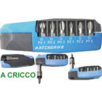 BITS ATTACCO 1/4" RATCHDRIVE IN ASSORTIMENTO Contenuto:<br>1 impugnatura a cricco<br>3 bits a croce Phillips Art. 1991GBx1-2-3<br>3 bits a croce Pozidriv Art. 1991GCx1-2-3<br>1 attacco magnetico universale con ghiera<br>L'assortimento completo. screwdrivers bits sets 2015GA