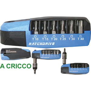 BITS ATTACCO 1/4" RATCHDRIVE IN ASSORTIMENTO Contenuto:<br>1 impugnatura a cricco<br>6 bits TORX Art. 1991 GL 10-15-20-25-30-40<br>1 attacco magnetico universale con ghiera<br>L'assortimento completo. screwdrivers bits sets 2015GE