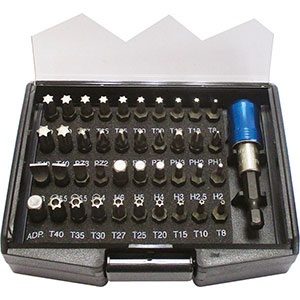 BITS ATTACCO 1/4" DIN 3126 IN ASSORTIMENTO Composizione di 41 pezzi:<br>1 bit a taglio Art. 1991 GA 4 - 5,5 - 6,5 - 08<br>1 bit a esagono Art. 1991 GE 2 - 2,5 - 3 - 4 - 5 - 6<br>1 bit a croce Phillips Art. 1991 GB 1 - 2 - 3<br>1 bit a croce Pozidriv Art. 1991 GC 1 - 3<br>3 bits a croce Pozidriv Art. 1991 GC 2<br>1 bit a impronta TORX Art. 1991 GL 8 - 10 - 15 - 27<br>2 bits a impronta TORX Art. 1991 GL 20 - 25 - 30 - 40<br>1 bit a impronta TORX con foro Art. 1991 GN 8 - 10 - 15 - 20 - 25 - 27 - 30 - 35 - 40<br>1 adattatore maschio per bussole attacco quadro 1/4"<br>1 attacco magnetico universale Art. 1995 GM 65<br>L'assortimento completo. bits sets 2016R