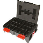 CASSETTE PORTAUTENSILI MODULARI IN ABS Dimensioni cassetta mm 464x335x142h.<br>Cassetta Art. 2088 A con spugna nel coperchio e vaschetta a 18 alloggiamenti fissi per minuterie. abs box on box system 2088C