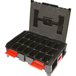 CASSETTE PORTAUTENSILI MODULARI IN ABS Dimensioni cassetta mm 464x335x142h.<br>Cassetta Art. 2088 A con spugna nel coperchio e vaschetta a 18 alloggiamenti fissi per minuterie. abs box on box system 2088C