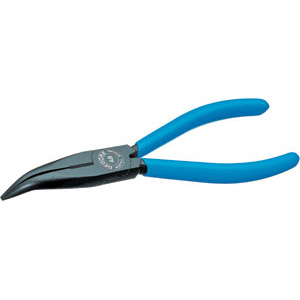 PINZE CON TRONCHESE BECCHI MEZZOTONDI CURVI Testa laccata nera e impugnature plastificate. long chain nose pliers, 45° bended nose 253G