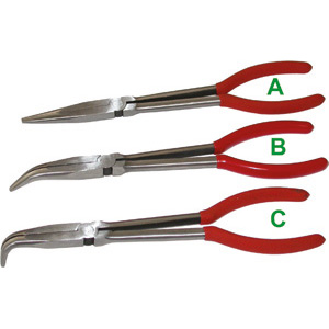 PINZE EXTRA-LUNGHE CON BECCHI MEZZOTONDI PER MONTAGGI Con becchi diritti, lunghezza totale mm 280. extra-long pliers with chain nose for assembly 260GA