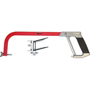 ARCHETTI PER SEGHE Tipo professionale, regolabile in tubo piatto. Impugnatura rivestita in materiale sintetico morbido, per una presa confortevole e antiscivolo. Intagli a croce. Esecuzione laccata. hack saws 2612E