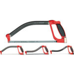 ARCHETTI PER SEGHE Tipo professionale, con archetto fisso in robusto tubo piatto, rigido, RIVOLTABILE, per tagli anche in luoghi di difficile accesso. Impugnatura in gomma morbida per rendere la presa più efficace e comoda. Regolazione della tensione della lama mediante rotazione della parte inferiore dell’impugnatura. Possibilità di tagli a 0°/90° rapidi e precisi. Fornito con lama bimetallica a 24 denti per pollice. hack saws 2613T