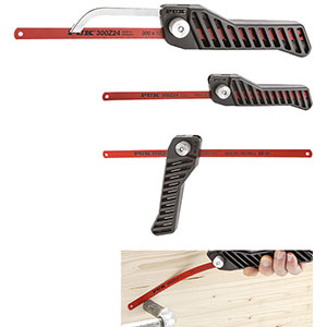 IMPUGNATURE PER SEGHE Tipo per tagli con o senza guida di tenuta e impugnatura diritta, con lama piegata e con impugnatura a pistola.<br>In rigido materiale sintetico rinforzato con impugnatura in materiale plastico.<br>Fornita con 1 lama bimetallica a 24 denti per pollice. saw holders 2616G