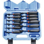 PINZE COMBINATE REGOLABILI PER ANELLI DI FERMO ASSORTIMENTO UTENSILI<br>Composto di 12 utensili:<br>1 pz. x misura art. 278 GA 150 - 155 - 195 - 235<br>1 pz. x misura art. 278 GB 150 - 155 - 195 - 235<br>1 pz. x misura art. 278 GC 145 - 150 - 190 - 230<br>In valigetta plastica. adjustable pliers for inner and outer circlips 278GE