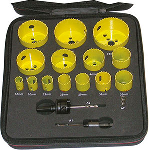 SEGHE A TAZZA IN ASSORTIMENTO Numero seghe a tazza: 14<br>Misure seghe a tazza Art. 3078 GSC: mm 16-20-22-25-29-32-35-38-44-51-57-64-68-76<br>Attacchi Art. 3078 GTC: Gr. 2 pz. 1<br>Attacchi Art. 3078 GTC: Gr. 4 pz. 1<br>Custodia in EVA. hole cutter sets 3078GZ 68