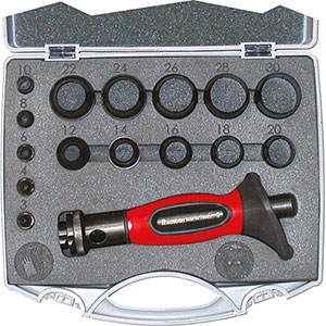 FUSTELLE IN SERIE Serie di 15 fustelle da mm 3-4-6-8-10-12-14-16-18-20-22-24-26-28-30.<br>L’assortimento con impugnatura, in cassetta. punching tools sets 3087GB