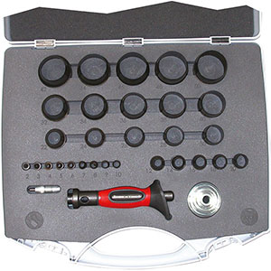 FUSTELLE IN SERIE Serie di 29 fustelle da mm 2-3-4-5-6-7-8-9-10-12-14-16-18-20-22-24-26-28-30-32-34-36-38-40-42-44-46-48-50.<br>L’assortimento con 1 impugnatura, 1 adattatore e 1 punta di centraggio, in cassetta. punching tools sets 3087GD