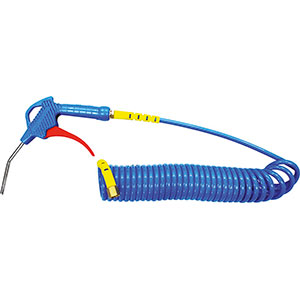 PISTOLE PER ARIA COMPRESSA Raccordo girevole filettato 1/4", maschio.<br>Con canna piegata lunghezza mm 90 e tubo a spirale lunghezza m 6. compressed air dusting pistols 3449AG 6