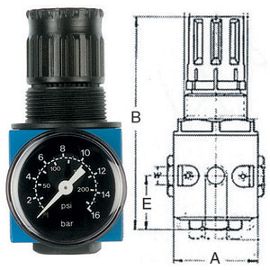 ARIA COMPRESSA - COMPONENTI PER SISTEMA AIRVISION Tipo modulare, ad ingombro contenuto, per uso singolo o come ricambio dei gruppi<br>Art. 3462 GP-T-V. Corpo in lega metallica (zinco/ghisa). Fornito con manometro.<br>Capacità di regolazione da 0,5 a 10 bar (Atm). Temperatura d’uso max 50 °C. airvision combination air treatment units 3462GE
